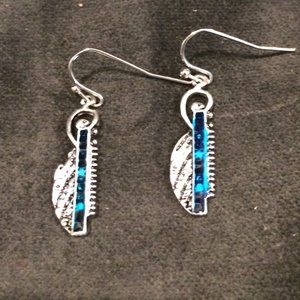 Blue Feathered Shaped Silver Earrings